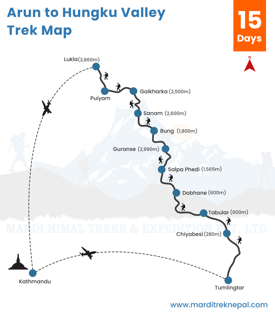 Arun to Hungkot Valley Trek Map