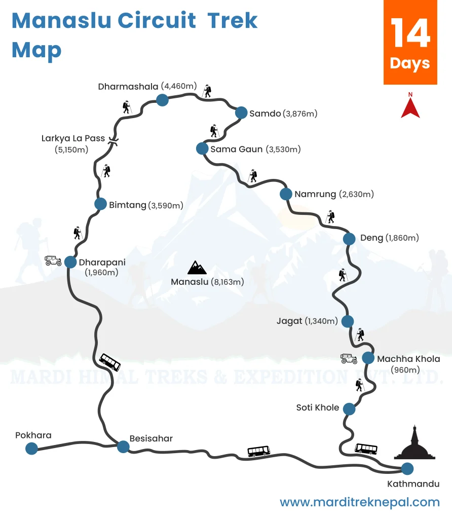 Manaslu circuit trek map