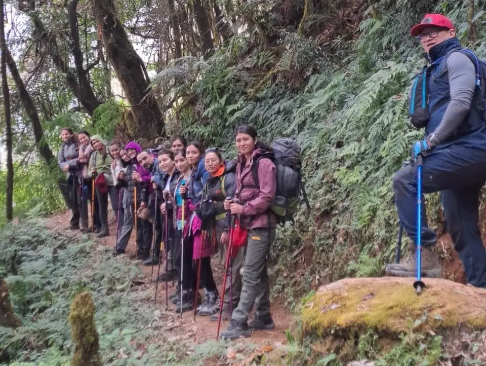 Trekkers, along with a guide, on the way to Forest Camp Mardi Himal