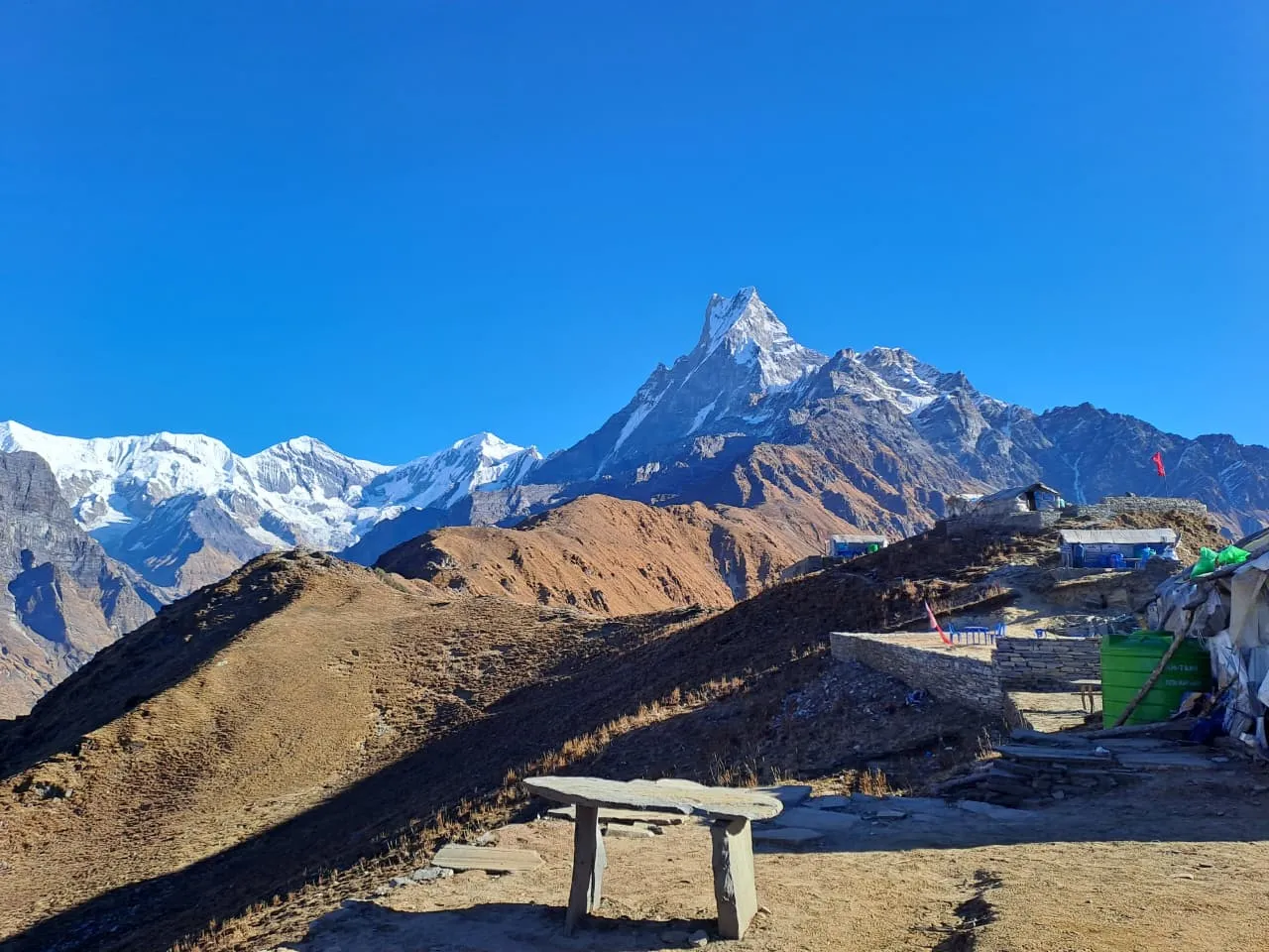 Stunning view of Machhapuchhre and snow-capped Annapurna peaks from Mardi Himal Base Camp in Nepal