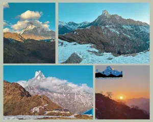 Sunrise seen around Mardi Himal Base Camp Altitude of 4500 meters with stunning views of snow covered peaks