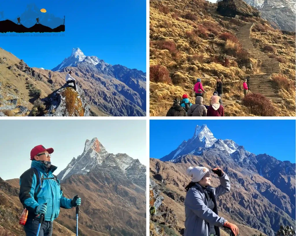 Trekkers during Mardi Himal Trekking posing in the scenic locations of Mardi Himal Base Camp Trek with mountains in the background.