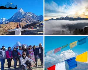 Trekkers trekking on the Mardi Himal Trek Route with views seen from Ghorepani Poon Hill