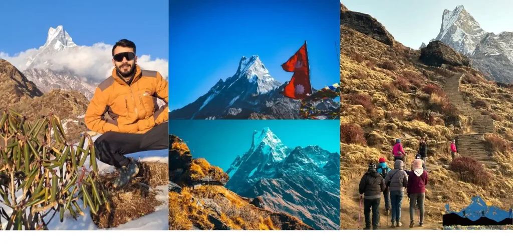 Trekkers in the Mardi Himal Trek route with stunning views of Mount Fishtail and Mardi peak.
