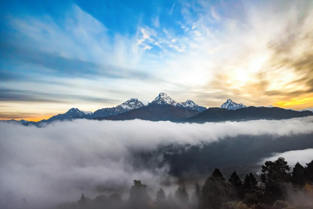 Sunrise view of beautiful Dhaulagiri and surrounding peaks during Mardi Himal Trek through the Ghorepani Poon Hill Trek